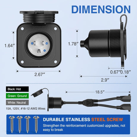 15 AMP RV Power Flanged Inlet 125V AC Port Shore Receptacle with Extension Cord ETL Listed NEMA 5-15P Plug (2) 5-15R Female Outlet for Camper Generator Shed Motorhome
