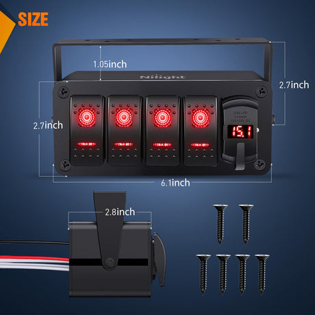 4 Gang Rocker Switch Box 12V SPST ON Off Toggle Switches PD Type C and QC 3.0 USB Charger Voltmeter LED Light Waterproof Aluminum Mount Bracket Panel DIY Stickers for Boat Car RV Truck