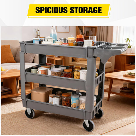 Heavy Duty 3-Shelf Plastic Utility Cart - 550 lbs Capacity Rolling Service Cart with 5 Inch TPU Silent Wheels & Integrated Tool Handle - Grey