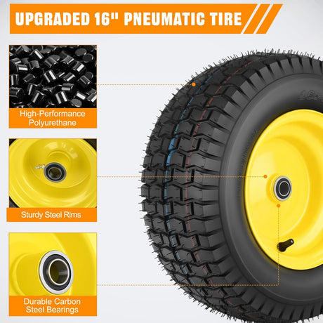 16x6.50-8 Lawn Mower Tires, 16 Inch Pneumatic Rubber Tire with 3/4 Inch Axle Bore & 3 Inch Hub Length, Air-Filled Replacement Wheels for Riding Lawn Mowers, 2 Pack
