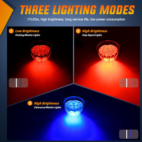 Watermelon Light 17 LED Dual Color 2PCS Stainless Steel Bezel Red to Blue Side Marker Clearance Turn signal Lights 4 Plug IP68 Waterproof for Trailer Truck Pickup Camper RV ATV UTV Boat