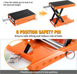 Motorcycle Lift Jack 1100 LBS Scissor Jacks Stand Lift with Wide Deck Safety Pin Handle 3.4 Inch-14.2 Inch Height Adjustable Hoist Stand Garage Repair Lifter for Motorcycles ATV Dirt Bike, Orange