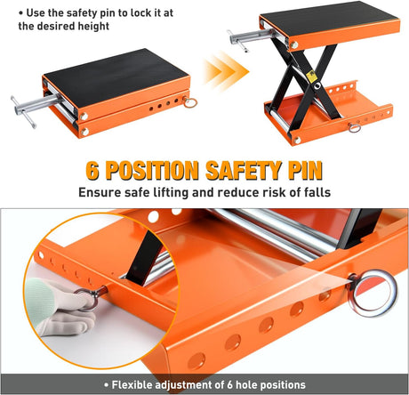 Motorcycle Lift Jack 1100 LBS Scissor Jacks Stand Lift with Wide Deck Safety Pin Handle 3.4 Inch-14.2 Inch Height Adjustable Hoist Stand Garage Repair Lifter for Motorcycles ATV Dirt Bike, Orange