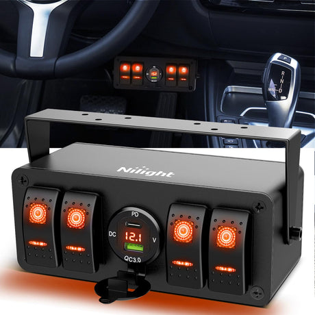4 Gang Rocker Switch Box 12V SPST ON Off Toggle Switches PD Type C and QC 3.0 USB Sockcet Voltmeter LED Light Waterproof Aluminum Mount Bracket Panel DIY Stickers for Boat Car RV Truck