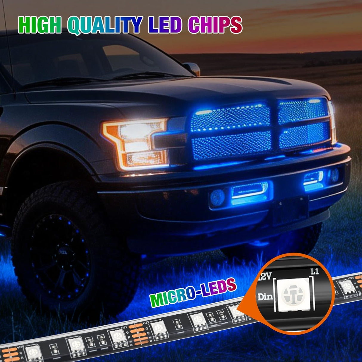 4PCS 12 Inch RGB LED Grille Light Strips with Wireless Remote Control | 72 LEDs Multi Color Exterior Lighting Kit DIY Sound Active Function Music Mode for Cars Van SUV Truck