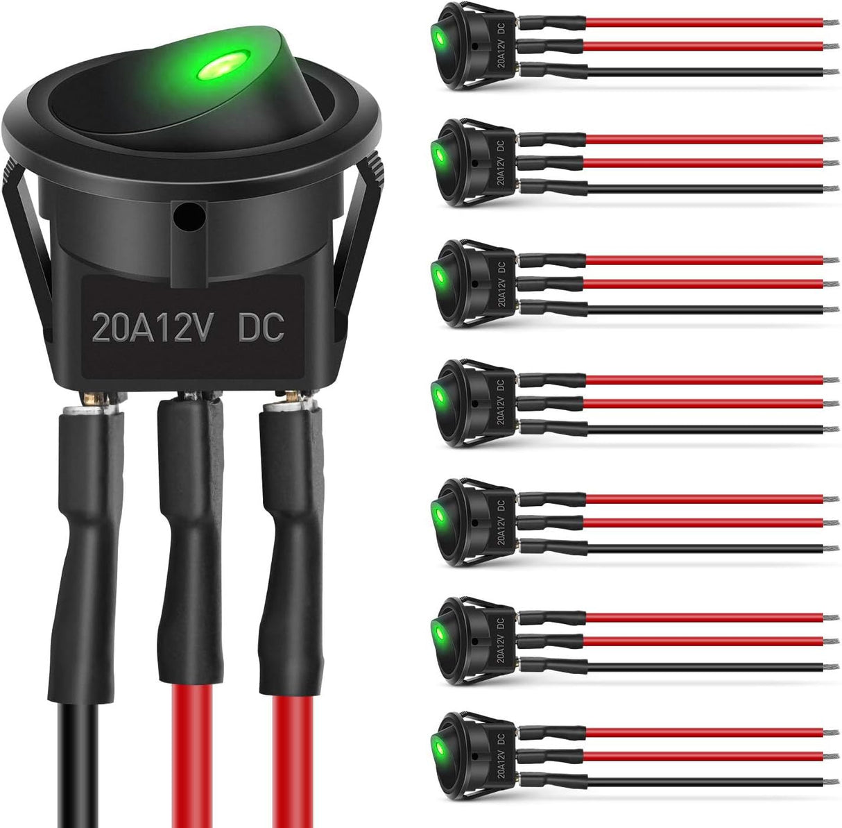8PCS Round Rocker Switches 12V 24V 20A Green LED Toggle swtiches SPST with 16AWG Presoldered Wires 3Pin 2Position for Car Truck Vehicle Boat Marine Rocker On Off Control
