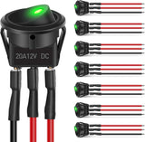 8PCS Round Rocker Switches 12V 24V 20A Green LED Toggle swtiches SPST with 16AWG Presoldered Wires 3Pin 2Position for Car Truck Vehicle Boat Marine Rocker On Off Control