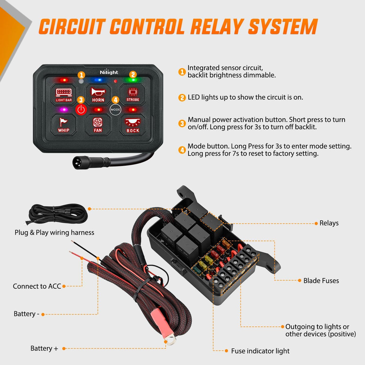 6 Gang Switch Panel Red Circuit Control Relay System with Fuse Wiring Harness Toggle Momentary Strobe Flash Modes Automatic Dimmable ON Off Pod 12V 24V for Car Truck Camper SUV