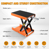 Motorcycle Lift Jack 1100 LBS Scissor Jacks Stand Lift with Wide Deck Safety Pin Handle 3.4 Inch-14.2 Inch Height Adjustable Hoist Stand Garage Repair Lifter for Motorcycles ATV Dirt Bike, Orange