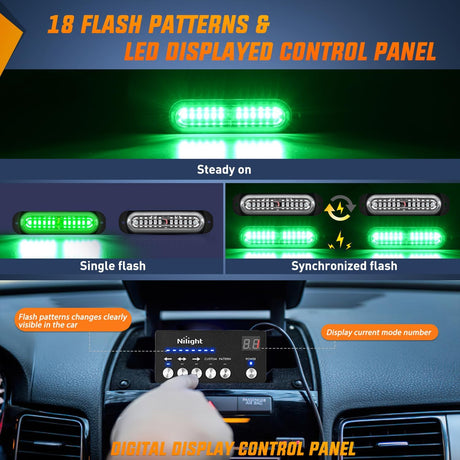 8PCS Led Strobe Lights with Controller 12V 24V Sync Feature Green Strobe Light 12 LED Surface Mount Emergency Hazard Warning Lights with Strobe Controller for Vehicle Car Truck RV ATV