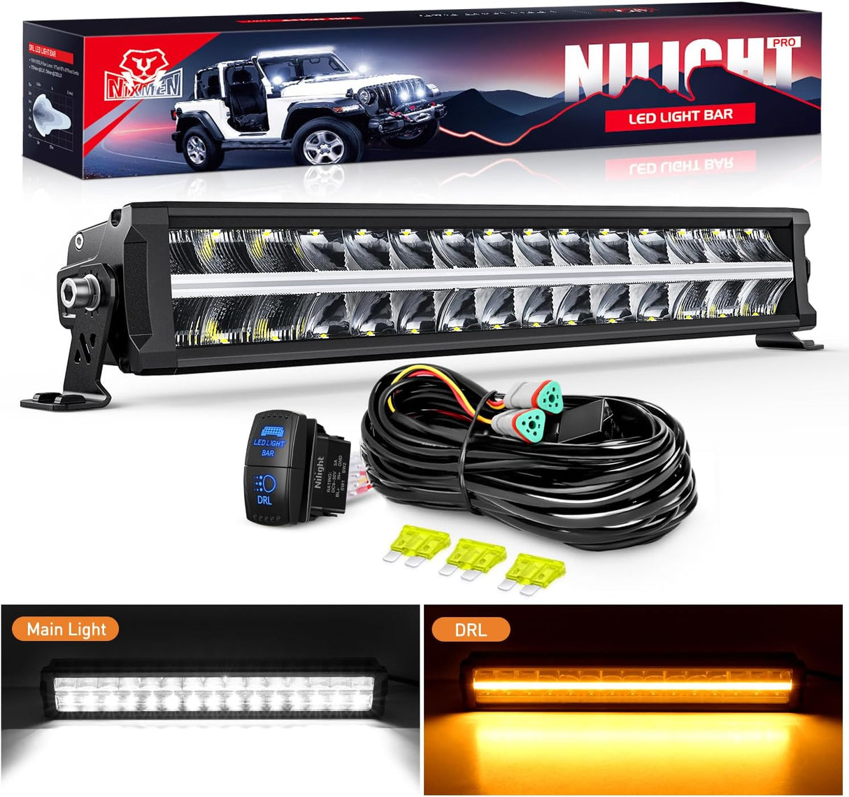 LED Light Bar with Amber DRL 19 Inch 150W Offroad Light Anti-Glare Flood Spot Combo LED Driving Light IP68 w/ 14 AWG DT Connector Wiring Harness for Pickup Truck SUV ATV UTV Boat 4x4