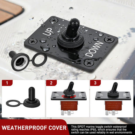 Reverse Polarity Toggle Switch Heavy Duty Momentary Waterproof 4 Pin 3 Position (ON)-Off-(ON) DPDT 12V DC 30A with Up-Down Mounting Panel and Weatherproof Cap for Marine Boat Automotive