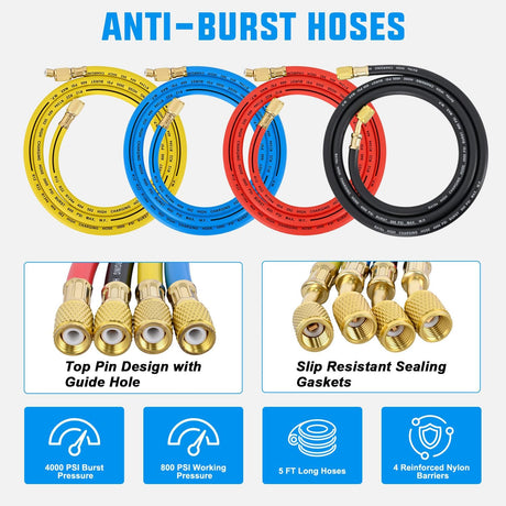 A/C Manifold Gauge Set Fits for R134a R410A R22 R404A 4-Way Auto HVAC Diagnostic Gauges Refrigerant Recharge kit with Adjustable Couplers 5FT Hoses Universal Can Tap