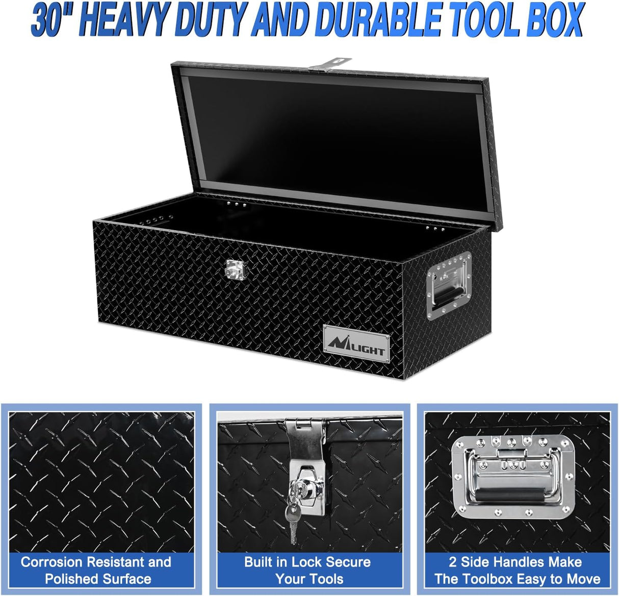30 Inch Truck Tool Box Heavy Duty Aluminum Diamond Plate Truck Bed Toolboxes 30''X13''X9.6'' Waterproof Pick-Up Storage Tool Boxes for Bed of Truck RV Trailer with Side Handle Lock Keys, Black