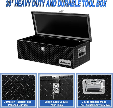 30 Inch Truck Tool Box Heavy Duty Aluminum Diamond Plate Truck Bed Toolboxes 30''X13''X9.6'' Waterproof Pick-Up Storage Tool Boxes for Bed of Truck RV Trailer with Side Handle Lock Keys, Black
