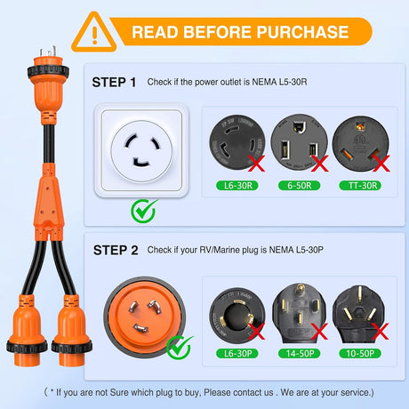 30 Amp RV Marine Boat Shore Power Y Splitter Adapter Cord NEMA L5-30P L5-30R 125V 3750W Cords w/Locking Rings & Waterproof Seals ETL-Listed 10 AWG STW for RVs Boats Yachts Campers