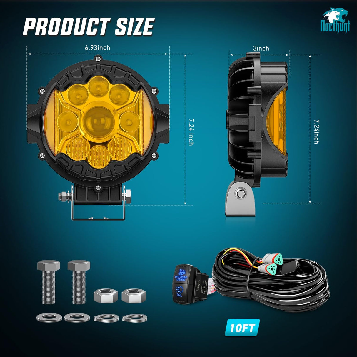 7 Inch LED Offroad Driving Lights High Low Beam 2 PCS 80W Round Amber Light Side Shooter Spot Flood Fog Light Pod w/ 16 AWG DT Connector Wiring Harness Kit for Jeep Truck ATV UTV SUV
