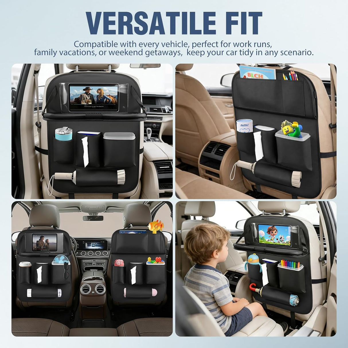 Car Seatback Organizer 2PCS Black PU Leather Universal | Foldable Tray Tablet Holder Tissue Box Removable Bucket Waterproof Storage Bag for Cars Vans SUVs MPVs Pickup Trucks
