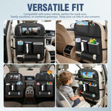 Car Seatback Organizer 2PCS Black PU Leather Universal | Foldable Tray Tablet Holder Tissue Box Removable Bucket Waterproof Storage Bag for Cars Vans SUVs MPVs Pickup Trucks