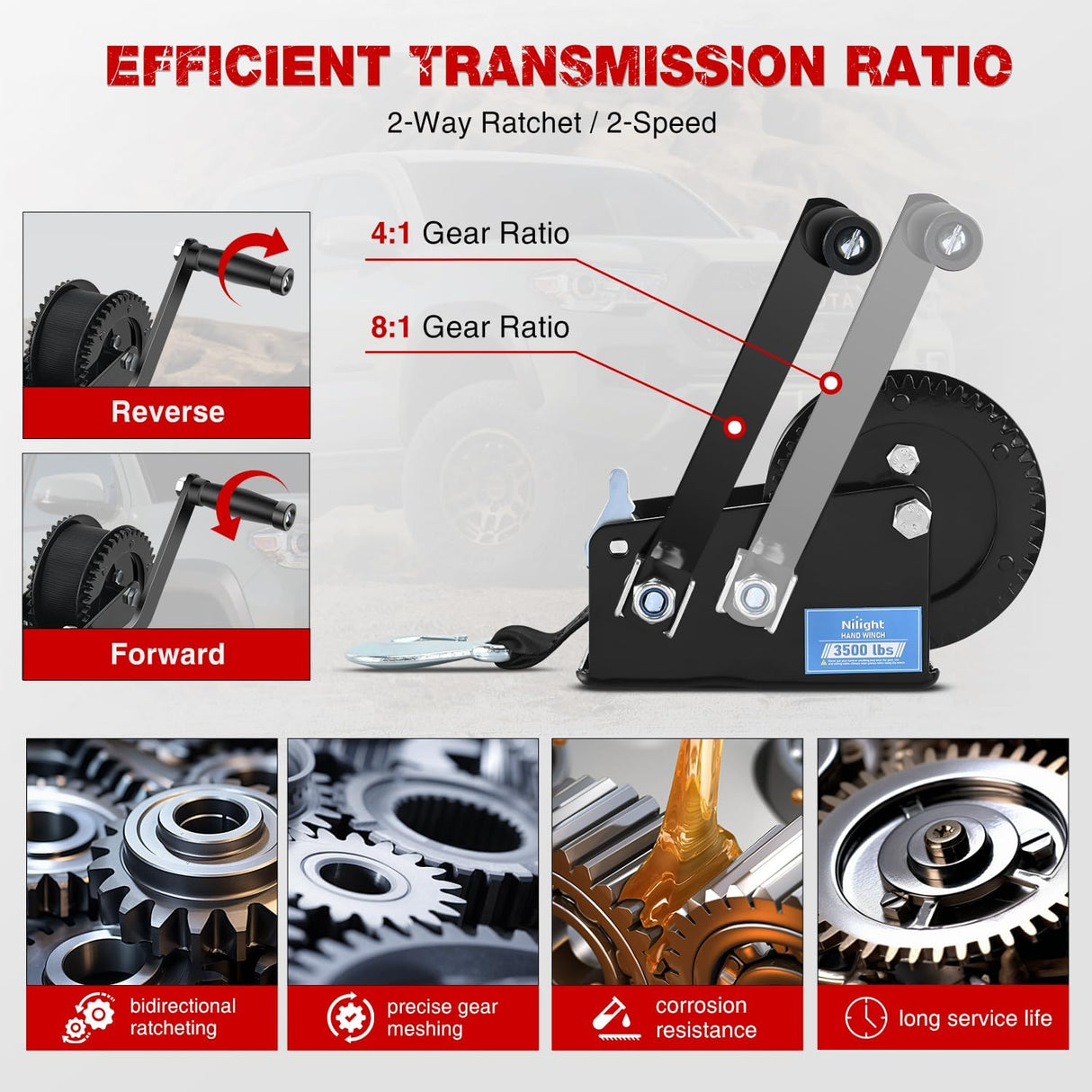 Boat Trailer Winch 3500 Lbs Hand Crank Winch Heavy Duty Boat Winches with 33Ft Strap Rope Hook Two Way Ratchet 4:1 8:1 Gear Portable Marine Manual Winch for Trailers Boat RV ATV Jet Ski Towing