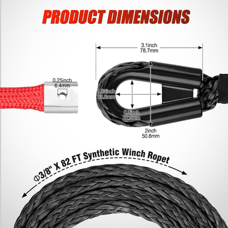 Synthetic Winch Rope, 3/8 Inch x 82 FT 25000 Ibs Winch Line Replacement for ATV UTV 4WD Off-Road Vehicle Jeep SUV Truck Winch Cable Accessory with Red Jacket Rope and Protective Sleeve, Black