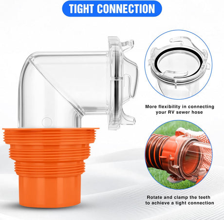 90 Degree RV Sewer Hose Fittings with 4-in-1 Adapter, Clear RV Sewer Hose Elbow Leak-Proof Connection & Odor-Tight Seal Fits 4 Sizes of Dump Station Inlets for Campers Travel Trailers, Orange