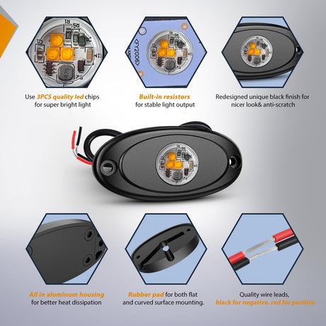 LED Rock Light 4PCS Amber Underglow Wheel Well Fender Pods Waterproof Exterior Underbody Roof Rack Side Lamps for 12V 24V Car Truck Pickups ATV UTV SUV Motorcycle Boat