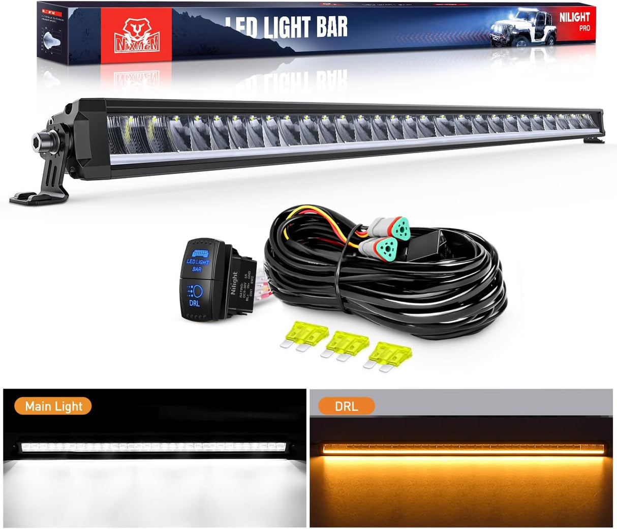 LED Light Bar with Amber DRL 40.3 Inch 165 W Single Row Anti-Glare Flood Spot Combo DRL Slim Offroad Light IP68 w/ 14 AWG DT Wiring Kit for Pickup Truck SUV ATV UTV Boat 4x4