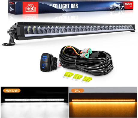 LED Light Bar with Amber DRL 40.3 Inch 165 W Single Row Anti-Glare Flood Spot Combo DRL Slim Offroad Light IP68 w/ 14 AWG DT Wiring Kit for Pickup Truck SUV ATV UTV Boat 4x4