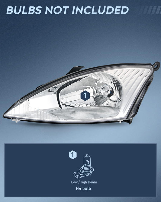 2000-2004 Ford Focus Headlight Assembly Chrome Housing Clear Reflector Upgraded Clear Lens Nilight