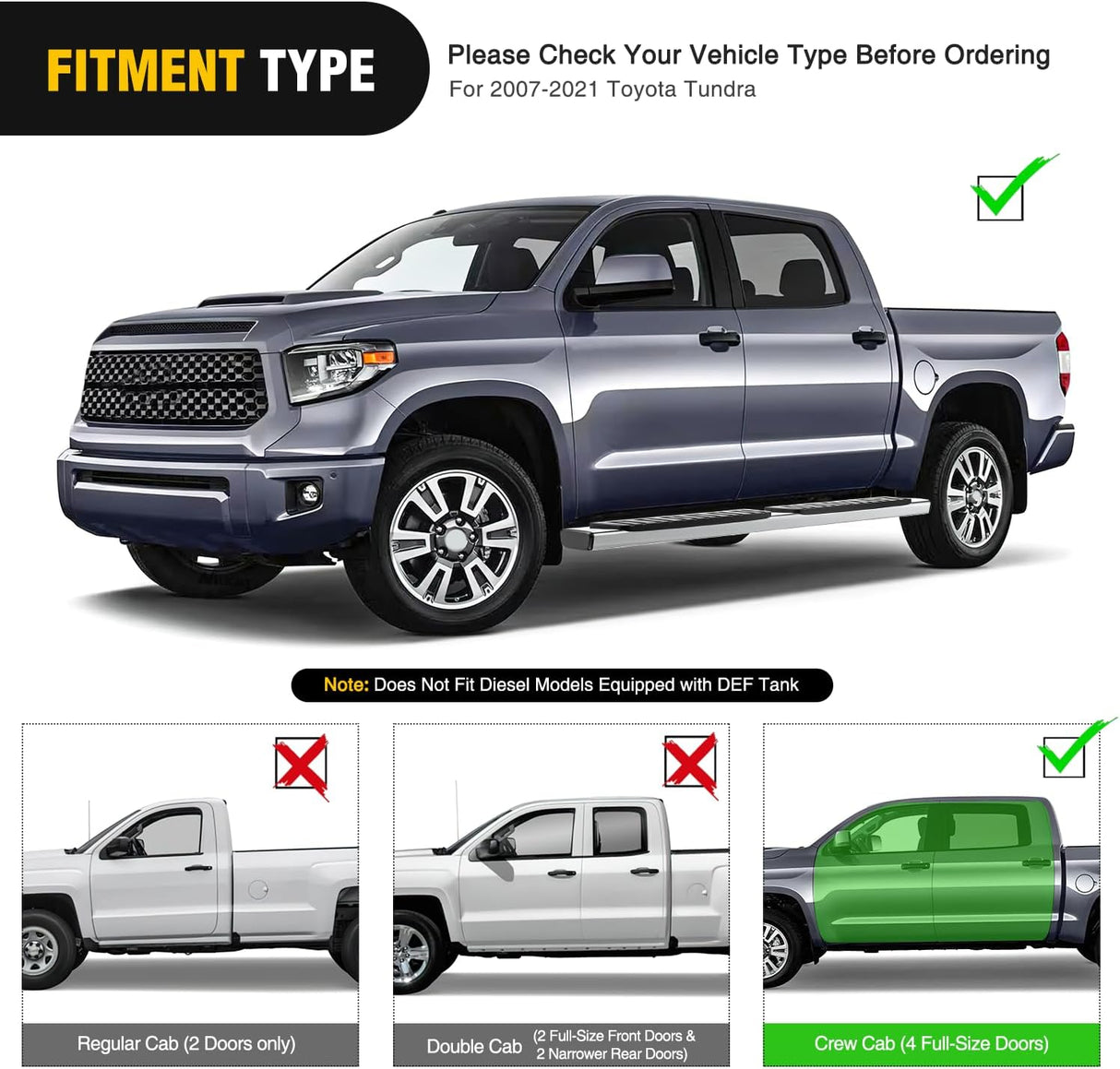 Running Boards for 2007 2008 2009 2010 2011 2012 2013 2014 2015 2016 2017 2018 2019 2020 2021 Toyota Tundra Crewmax Cab 4 Full Size Doors 6 Inch Stainless Steel Bolt-on Side Step Nerf Bars