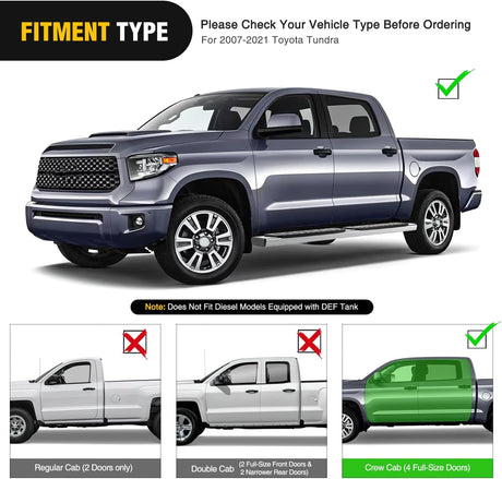 Running Boards for 2007 2008 2009 2010 2011 2012 2013 2014 2015 2016 2017 2018 2019 2020 2021 Toyota Tundra Crewmax Cab 4 Full Size Doors 6 Inch Stainless Steel Bolt-on Side Step Nerf Bars
