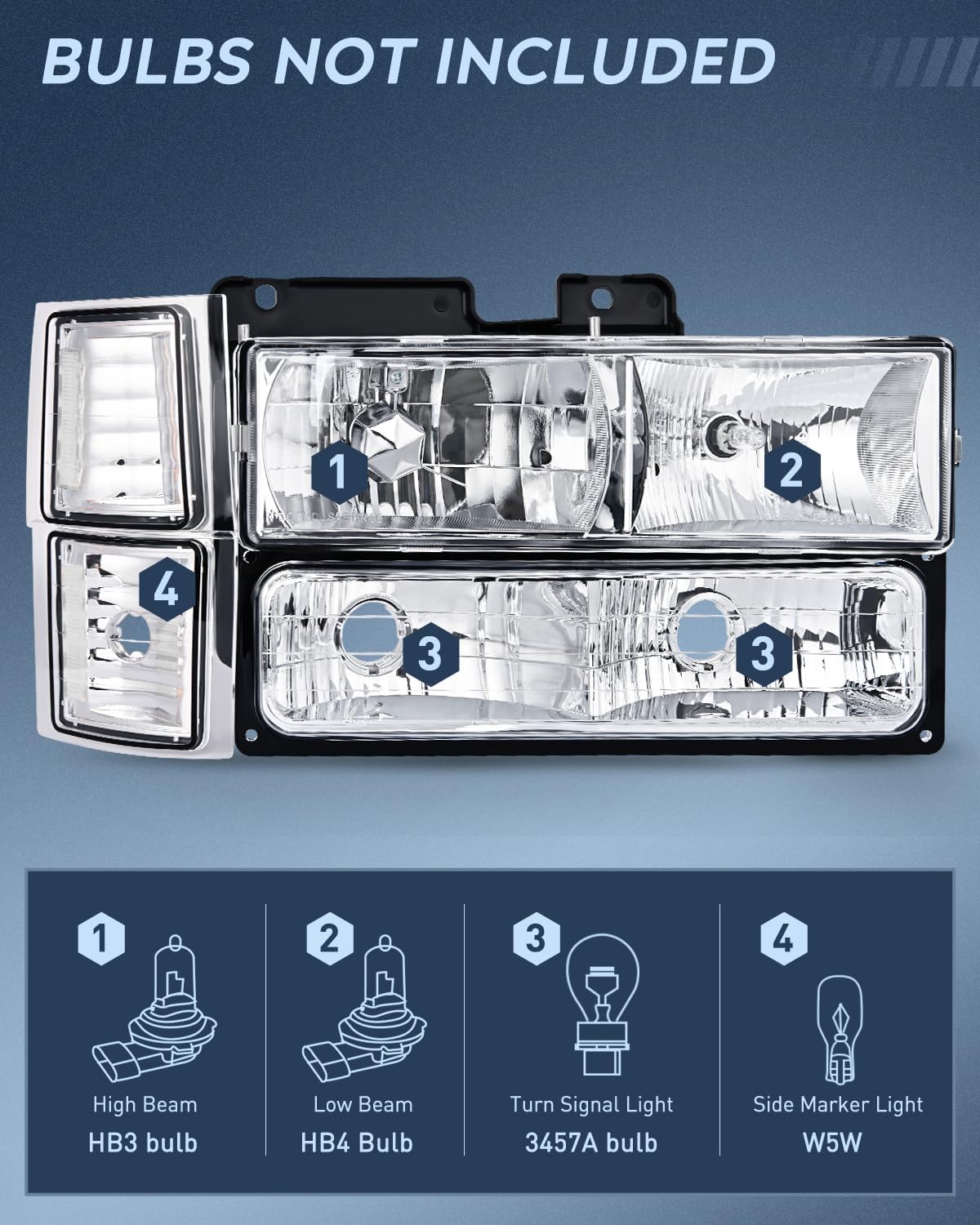 Headlight and Taillight Assembly Combo Compatible with 1994 1995 1996 1997 1998 Chevy Silverado Tahoe Suburban C10 C/K 1500 2500 3500 Tail Light Chrome Housing Clear Reflector Bumper Lamp