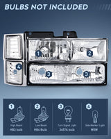 Headlight and Taillight Assembly Combo Compatible with 1994 1995 1996 1997 1998 Chevy Silverado Tahoe Suburban C10 C/K 1500 2500 3500 Tail Light Chrome Housing Clear Reflector Bumper Lamp