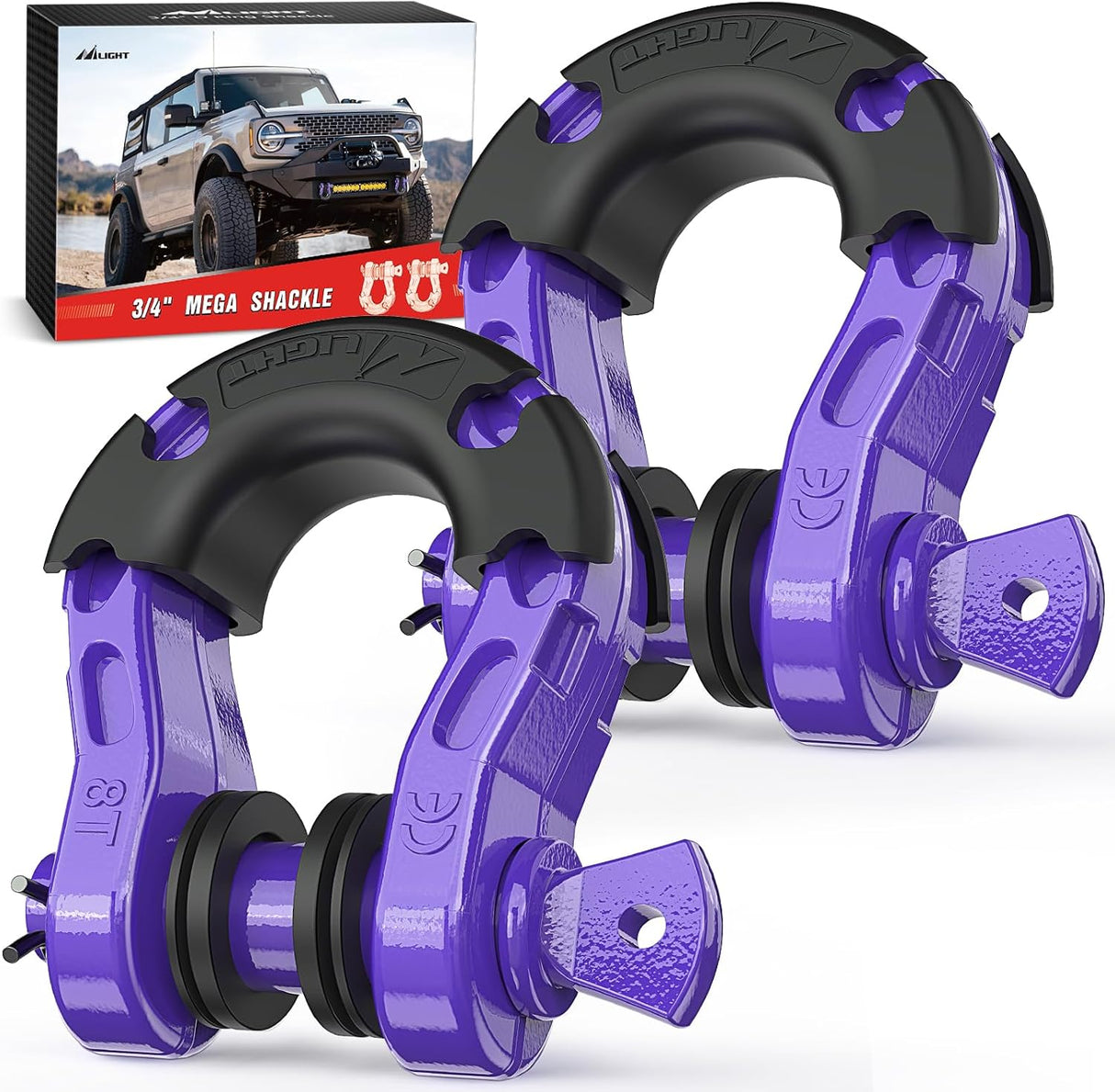 Mega D-Ring Shackles, 3/4 Inch Heavy Duty Recovery Tow Shackle | 7/8 Inch Screw Pin & isolator, 2Pcs Purple, 68,000 lbs Break Strength(17,000 lb WLL), Forged Steel, Off-Road Recovery