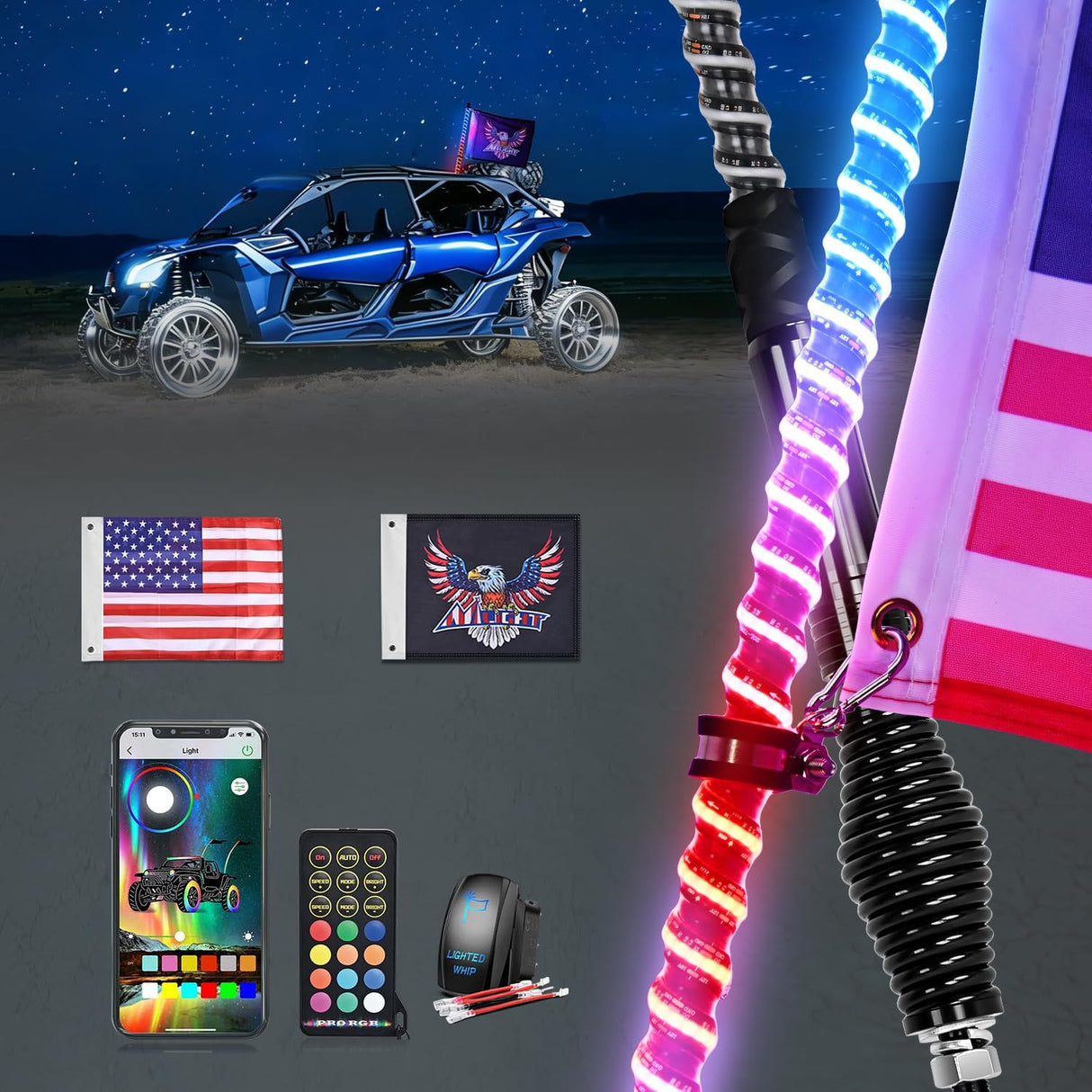 COB RGB LED Whip Light 1PC 2FT Spiral Antenna Whips | Bluetooth APP and Remote Control with DIY Chasing Patterns Music Sync and Spring Base for ATV UTV RZR Can Am and Truck