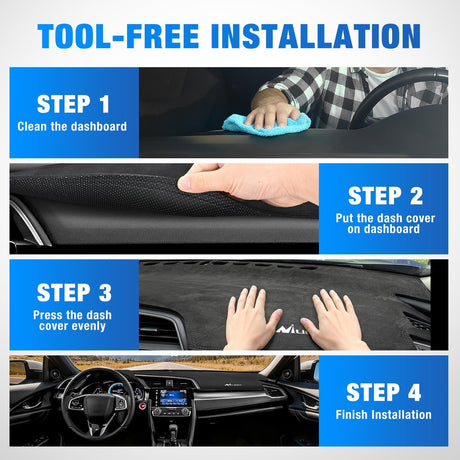 Dash Cover for Honda Civic 2016 2017 2018 2019 2020 2021, Custom Fit Suede Dashboard Mat Non‑Slip Sunshade Glare Protector Interior Accessories Black