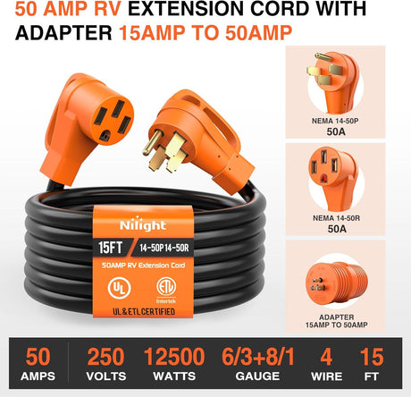 15FT 50 Amp RV Extension Cord with Adapter 15Amp to 50Amp 250V Heavy Duty 6/3+8/1 Gauge Pure Copper STW Wire UL ETL Listed 4 Prong 14-50P 14-50R Weatherproof Suit for Generators Camper
