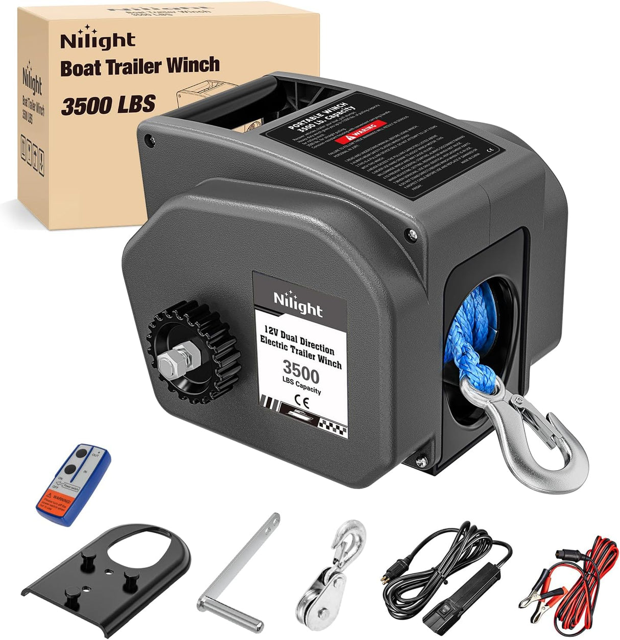 Boat Trailer Winch 3500 lbs Portable Electric Boat Winches 12 V DC Marine Winch with Synthetic Rope Remote Control Hand Crank Power-in Freewheel Waterproof Winch for Boat Trailer Towing, Gray
