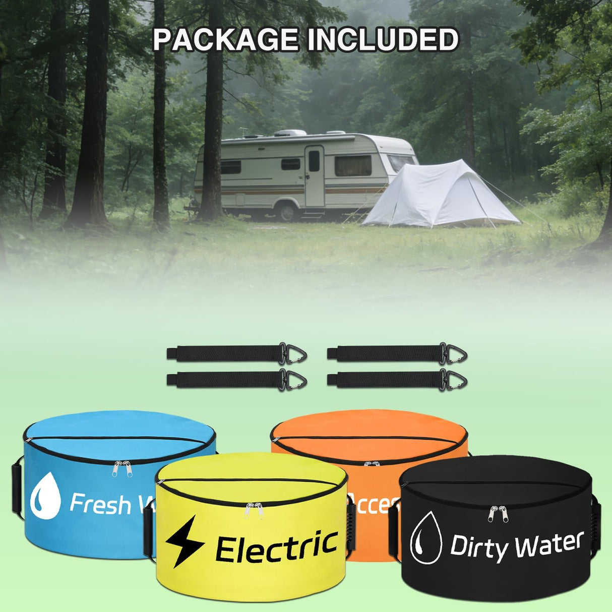 RV Hose Storage Bag 4 Pack Waterproof with Dual Zipper Closure, Handle & Straps RV Sewer Hose Storage and Organization for Sewer, Fresh Water Hoses Electrical Cords Camper Tools Accessories