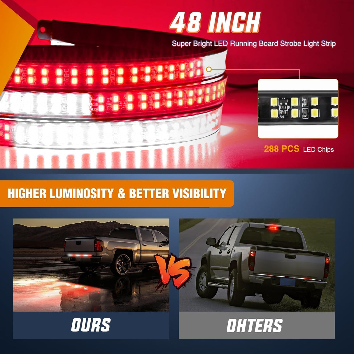 48 Inch Truck Tailgate Strobe Light Strip Tail Emergency Bar Rear Window Warning Lamp Ultra-Bright Double Row 288 LED for Pickup Trailers Construction Vehicles Car SUV, Red White