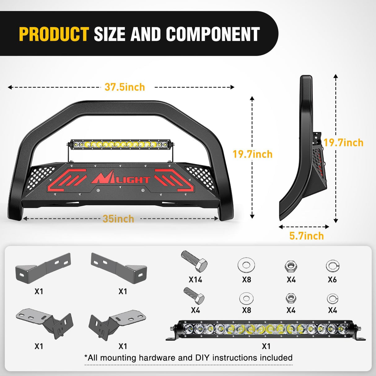 Bull Bar with Light fits 2003-2008 Honda Pilot, 2006-2015 Honda Ridgeline, 2001-2006 Acura MDX Front Bumper Grille Brush Push Guard with Skid Plate Licence Plate Hole Black