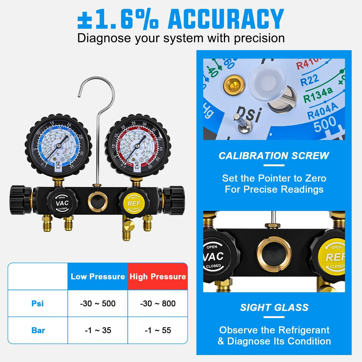 A/C Manifold Gauge Set Fits for R134a R410A R22 R404A 4-Way Auto HVAC Diagnostic Gauges Refrigerant Recharge kit with Adjustable Couplers 5FT Hoses Universal Can Tap