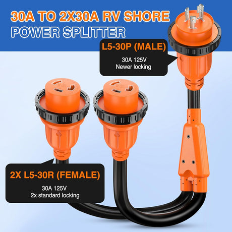 30 Amp RV Marine Boat Shore Power Y Splitter Adapter Cord NEMA L5-30P L5-30R 125V 3750W Cords w/Locking Rings & Waterproof Seals ETL-Listed 10 AWG STW for RVs Boats Yachts Campers