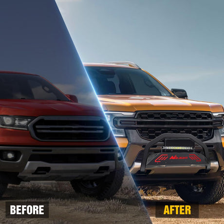 Bull Bar&License Plate Hole with LED Light Bar Compatible with Ford Ranger 2019 2020 2021 2022 2023 2024 2025 2026 Truck Brush Guard, Front Bumper Push Bar w/Grille Skid Plate Light Mount