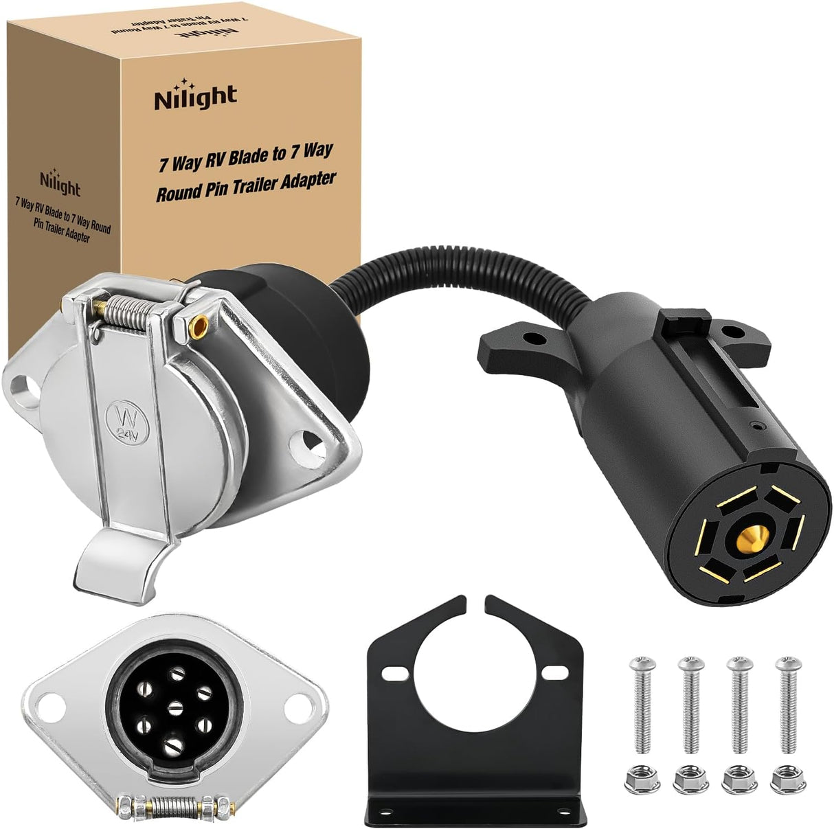 Vehicle-Side 7-Pin Round Trailer Wiring Harness Socket 7 Way Female-End Adapter Replacement SAE J560 Die-Cast Zinc Housing 7 Pole Round Electrical Connector for Semi Truck Trailer Car