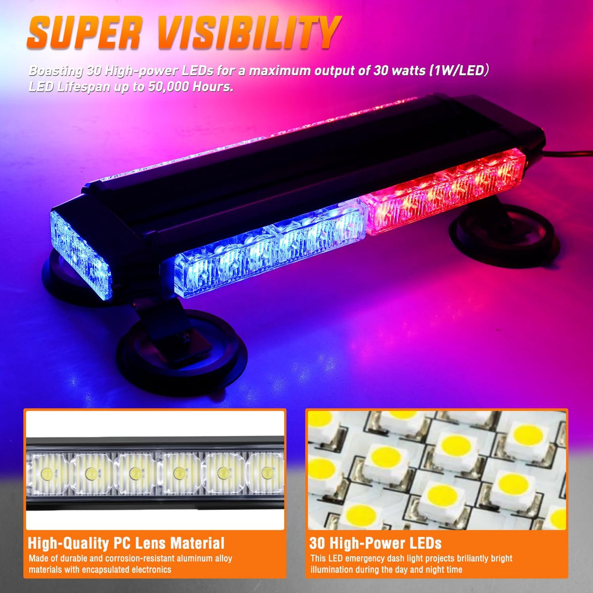 14.5 Inch 30LED Strobe Light Bar Double Side Rooftop Red Blue