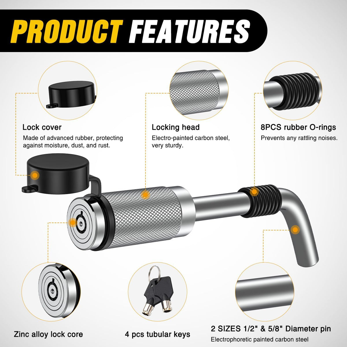 Trailer Hitch Lock Pin 1/2 Inch & 5/8 Inch Locking Receiver Hitch Pin Keyed Unique Weatherproof Anti-Theft Lockable Fits 2 Inch 2-1/2 Inch & 1-1/4 InchReceiver Tow Truck Boat Bike Truck Silver