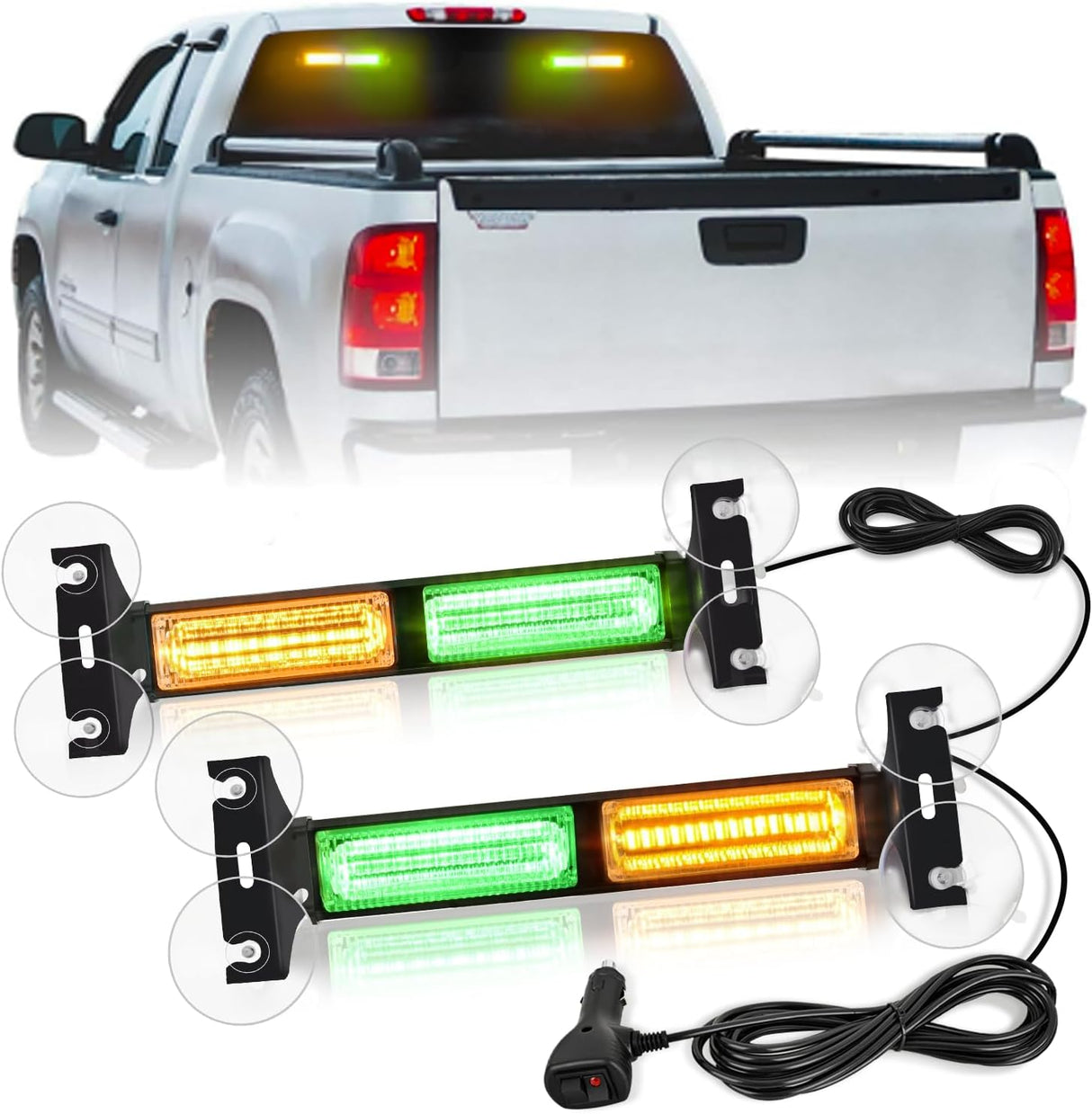 40LED Amber Green Emergency Strobe Traffic Advisor Light Bar with Suction Cups Dash Safety Warning Hazard Flashing Lights Interior Front/Rear Windshield for Trucks Construction Vehicles
