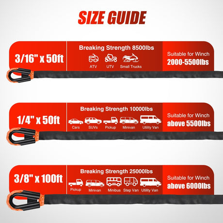 Synthetic Winch Rope Kit 3/8 Inch X 92 Inch 25000 lb with Black Jacket Rope Protective Sleeve Forged 35000lb Winch Hook Safety Strap Winch Cable Line for OffRoad Vehicle Recovery Truck SUV ATV, Orange